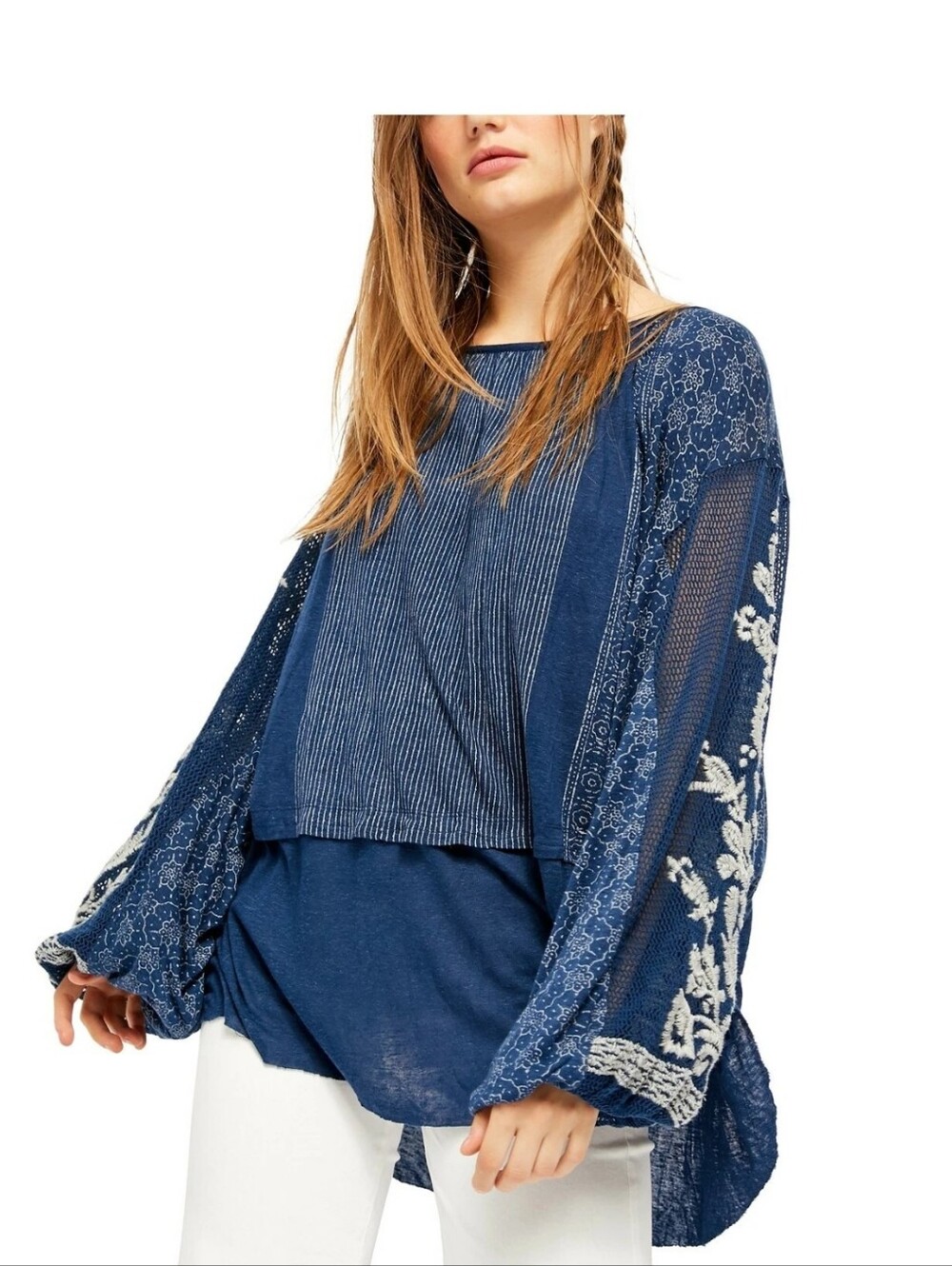 Free People Indigo Dreams Embroidered Tunic Top  M OVERSIZED